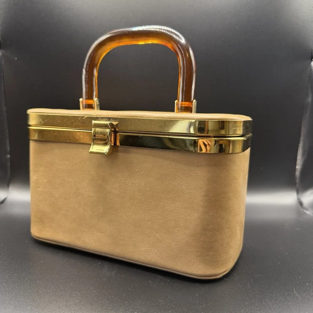 Vintage 1950's Camel Colored Florida Box Purse w/ Amber Lucite Handle MCM